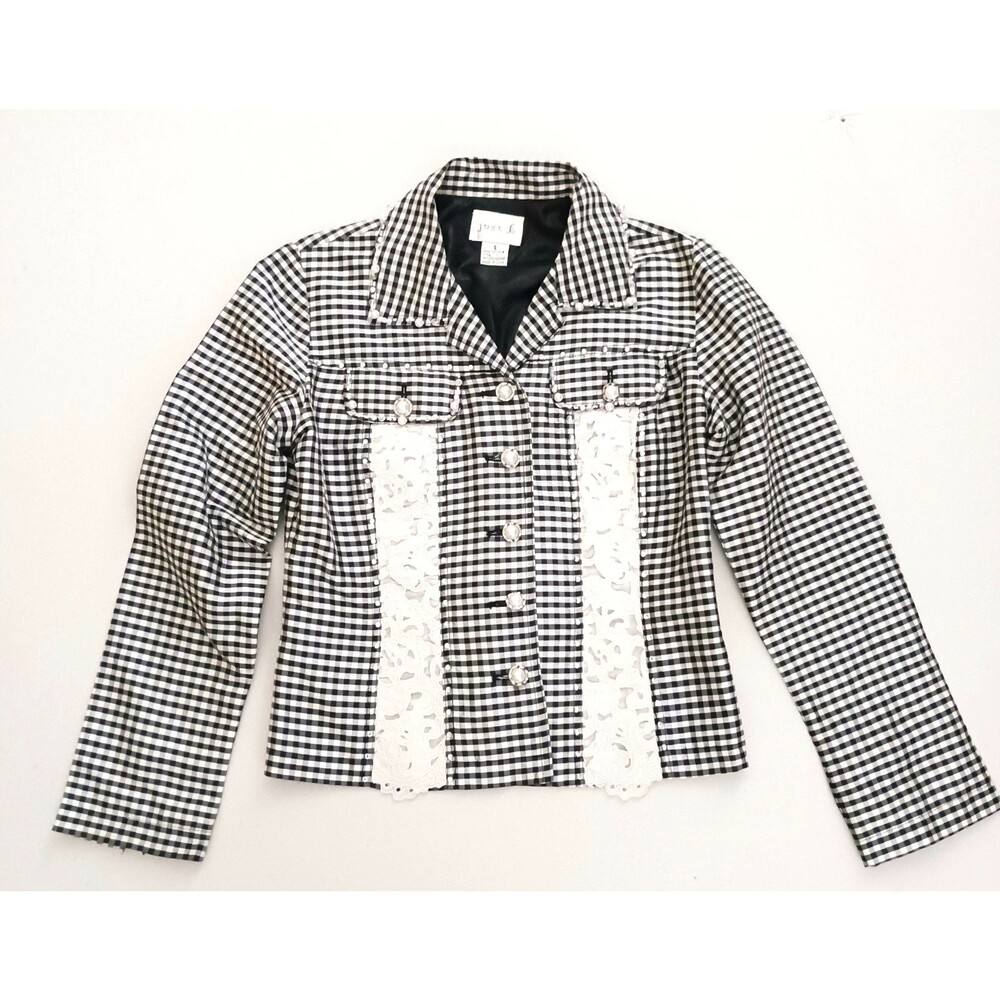 Just B 100% Silk Jacket Blk/White Plaid Bead Pearl Trim Lace Accent Sz S